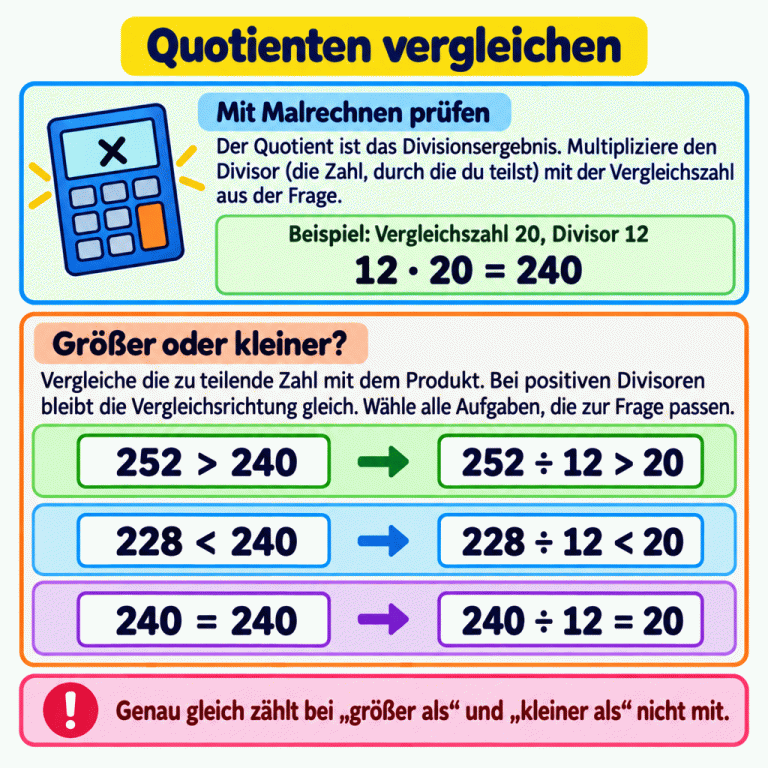 Quotienten mit Malrechnen vergleichen: Multipliziere den positiven Divisor mit der Vergleichszahl und vergleiche die zu teilende Zahl mit dem Produkt. Beispiel: 12 mal 20 ergibt 240. Weil 252 größer als 240 ist, ist 252 geteilt durch 12 größer als 20. Weil 228 kleiner als 240 ist, ist 228 geteilt durch 12 kleiner als 20. 240 geteilt durch 12 ergibt genau 20 und zählt weder bei „größer als“ noch bei „kleiner als“. Wähle alle Aufgaben, die zur jeweiligen Frage passen. Quotienten vergleichen Mit Malrechnen prüfen: Der Quotient ist das Divisionsergebnis. Multipliziere den Divisor (die Zahl, durch die du teilst) mit der Vergleichszahl aus der Frage. Größer oder kleiner?: Vergleiche die zu teilende Zahl mit dem Produkt. Bei positiven Divisoren bleibt die Vergleichsrichtung gleich. Wähle alle Aufgaben, die zur Frage passen. Genau gleich zählt bei „größer als“ und „kleiner als“ nicht mit. Beispiel: Vergleichszahl 20, Divisor 12 12 · 20 = 240 252 > 240 252 ÷ 12 > 20 228 < 240 228 ÷ 12 < 20 240 = 240 240 ÷ 12 = 20 × !