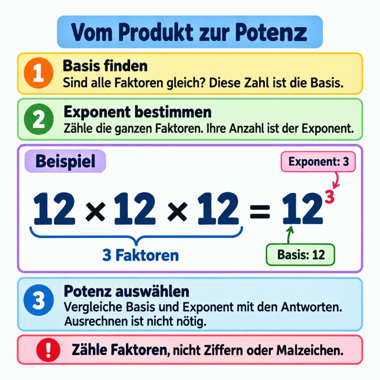 Vom Produkt zur Potenz: Sind alle Faktoren gleich, wird die wiederholte Zahl zur Basis. Die Anzahl der ganzen Faktoren wird zum Exponenten. Beispiel: 12 mal 12 mal 12 ist 12 hoch 3. Die Basis ist 12, der Exponent ist 3. Vergleiche beide Angaben mit den Antworten. Zähle Faktoren, nicht einzelne Ziffern oder Malzeichen; Ausrechnen ist nicht nötig. Vom Produkt zur Potenz Basis finden: Sind alle Faktoren gleich? Diese Zahl ist die Basis. Exponent bestimmen: Zähle die ganzen Faktoren. Ihre Anzahl ist der Exponent. Potenz auswählen: Vergleiche Basis und Exponent mit den Antworten. Ausrechnen ist nicht nötig. Zähle Faktoren, nicht Ziffern oder Malzeichen. Beispiel 12 × 12 × 12 = 12³ 3 Faktoren Basis: 12 Exponent: 3 1 2 3 !
