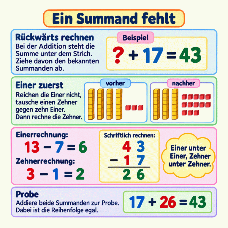 Erklärkarte zum fehlenden Summanden. Im Beispiel gilt ? + 17 = 43. Vier Zehner und drei Einer werden durch Tausch zu drei Zehnern und dreizehn Einern. Dann ergeben 13 − 7 = 6 und 3 − 1 = 2 schriftlich die fehlende Zahl 26. Die Probe 17 + 26 = 43 stimmt. Ein Summand fehlt Rückwärts rechnen: Bei der Addition steht die Summe unter dem Strich. Ziehe davon den bekannten Summanden ab. Einer zuerst: Reichen die Einer nicht, tausche einen Zehner gegen zehn Einer. Dann rechne die Zehner. Probe: Addiere beide Summanden zur Probe. Dabei ist die Reihenfolge egal. Einer unter Einer, Zehner unter Zehner. Beispiel ? + 17 = 43 vorher nachher 13 − 7 = 6 3 − 1 = 2 43 −17 26 17 + 26 = 43 Einerrechnung: Zehnerrechnung: Schriftlich rechnen: