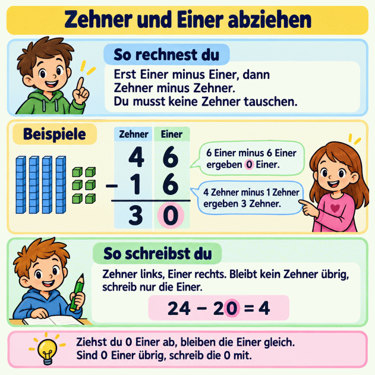 Lernkarte zum Abziehen von Einern und Zehnern ohne Tauschen. Im großen Beispiel steht 46 über minus 16; darunter steht 30 mit einer 0 bei den Einern. Das zweite Beispiel 24 minus 20 ergibt 4 zeigt: Werden 0 Einer abgezogen, bleiben die Einer gleich. Ohne verbleibende Zehner schreibt man keine führende 0. Zehner und Einer abziehen So rechnest du: Erst Einer minus Einer, dann Zehner minus Zehner. Du musst keine Zehner tauschen. So schreibst du: Zehner links, Einer rechts. Bleibt kein Zehner übrig, schreib nur die Einer. Ziehst du 0 Einer ab, bleiben die Einer gleich. Sind 0 Einer übrig, schreib die 0 mit. Beispiele Zehner Einer 46 − 16 30 24 − 20 = 4 6 Einer minus 6 Einer ergeben 0 Einer. 4 Zehner minus 1 Zehner ergeben 3 Zehner.