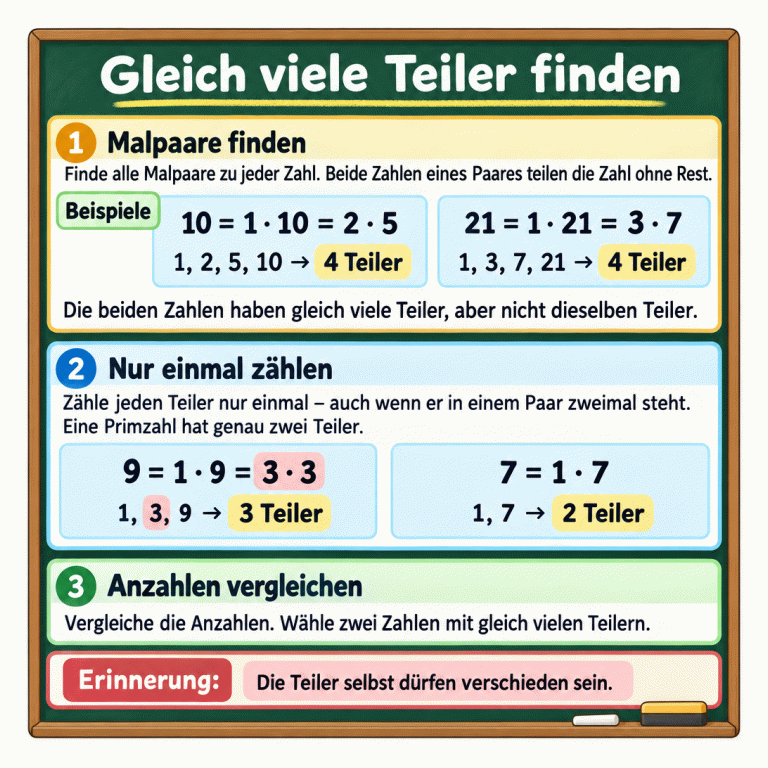 Schultafel mit vier gekennzeichneten Rechenbeispielen. Die Malpaare von 10 und 21 ergeben jeweils vier verschiedene Teiler. Bei 9 zählt der Faktor aus 3 · 3 nur einmal; die Primzahl 7 hat genau zwei Teiler. Gleich viele Teiler finden Malpaare finden: Finde alle Malpaare zu jeder Zahl. Beide Zahlen eines Paares teilen die Zahl ohne Rest. Nur einmal zählen: Zähle jeden Teiler nur einmal – auch wenn er in einem Paar zweimal steht. Eine Primzahl hat genau zwei Teiler. Anzahlen vergleichen: Vergleiche die Anzahlen. Wähle zwei Zahlen mit gleich vielen Teilern. Die Teiler selbst dürfen verschieden sein. Beispiele 10 = 1 · 10 = 2 · 5 1, 2, 5, 10 → 4 Teiler 21 = 1 · 21 = 3 · 7 1, 3, 7, 21 → 4 Teiler 9 = 1 · 9 = 3 · 3 1, 3, 9 → 3 Teiler 7 = 1 · 7 1, 7 → 2 Teiler 1 Die beiden Zahlen haben gleich viele Teiler, aber nicht dieselben Teiler. 2 3 Erinnerung: