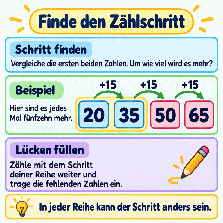 Ein Beispiel zeigt die Zahlenreihe 20, 35, 50, 65. Zwischen benachbarten Zahlen kommen jeweils 15 dazu. Die ersten beiden Zahlen geben den Schritt vor; die beiden folgenden Felder sind ausgefüllt. In einer anderen Reihe kann der Schritt anders sein. Finde den Zählschritt Schritt finden: Vergleiche die ersten beiden Zahlen. Um wie viel wird es mehr? Beispiel: Hier sind es jedes Mal fünfzehn mehr. Lücken füllen: Zähle mit dem Schritt deiner Reihe weiter und trage die fehlenden Zahlen ein. In jeder Reihe kann der Schritt anders sein. 20 35 50 65 +15