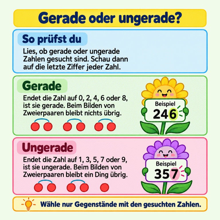 Zwei Blumen tragen ausdrücklich als Beispiele gekennzeichnete Zahlen: 246 für gerade und 357 für ungerade. Jeweils ist die letzte Ziffer betont. Die Karte erklärt die Endziffern und das Bilden von Zweierpaaren. Gerade oder ungerade? So prüfst du: Lies, ob gerade oder ungerade Zahlen gesucht sind. Schau dann auf die letzte Ziffer jeder Zahl. Gerade: Endet die Zahl auf 0, 2, 4, 6 oder 8, ist sie gerade. Beim Bilden von Zweierpaaren bleibt nichts übrig. Ungerade: Endet die Zahl auf 1, 3, 5, 7 oder 9, ist sie ungerade. Beim Bilden von Zweierpaaren bleibt ein Ding übrig. Wähle nur Gegenstände mit den gesuchten Zahlen. Beispiel 246 357