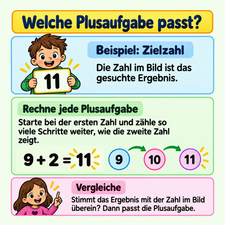 Beispiel zum Vergleichen von Ergebnissen: Ein Kind hält ein Schild mit der Zahl 11. Die Rechnung 9 + 2 = 11 und ein Zählweg über 9, 10 und 11 zeigen, wie das Ergebnis zur Zahl im Bild passt. Welche Plusaufgabe passt? Beispiel: Zielzahl: Die Zahl im Bild ist das gesuchte Ergebnis. Rechne jede Plusaufgabe: Starte bei der ersten Zahl und zähle so viele Schritte weiter, wie die zweite Zahl zeigt. Vergleiche: Stimmt das Ergebnis mit der Zahl im Bild überein? Dann passt die Plusaufgabe. 11 9 + 2 = 11 9 10