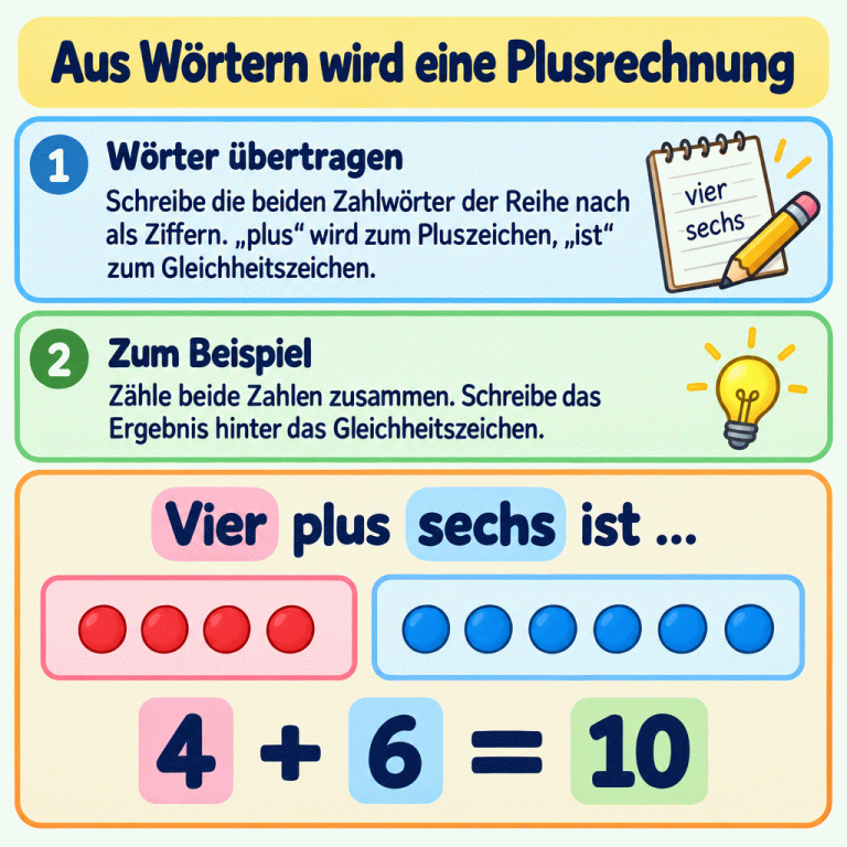 Die Karte erklärt, wie aus Zahlwörtern eine Plusrechnung wird. Im Beispiel stehen unter „Vier plus sechs ist …“ getrennte Gruppen mit vier und sechs Zählpunkten. Darunter steht „4 + 6 = 10“. Aus Wörtern wird eine Plusrechnung Wörter übertragen: Schreibe die beiden Zahlwörter der Reihe nach als Ziffern. „plus“ wird zum Pluszeichen, „ist“ zum Gleichheitszeichen. Zum Beispiel: Zähle beide Zahlen zusammen. Schreibe das Ergebnis hinter das Gleichheitszeichen. Vier plus sechs ist … 4 + 6 = 10 1 vier sechs 2