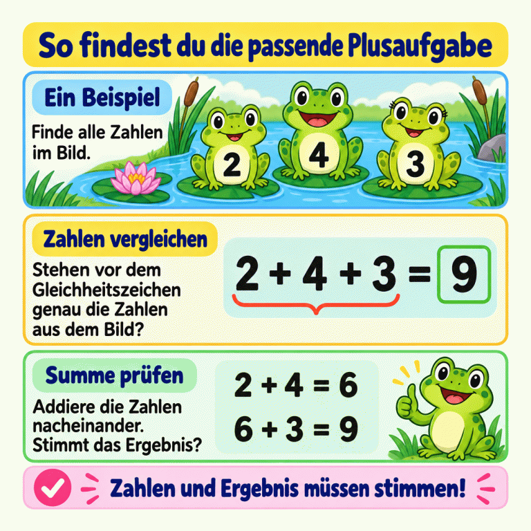 Drei Frösche tragen die Zahlen 2, 4 und 3. Die als Beispiel gekennzeichnete Rechnung 2 + 4 + 3 = 9 enthält genau diese Zahlen. Darunter wird das Ergebnis in zwei Schritten geprüft: 2 + 4 = 6 und 6 + 3 = 9. So findest du die passende Plusaufgabe Ein Beispiel: Finde alle Zahlen im Bild. Zahlen vergleichen: Stehen vor dem Gleichheitszeichen genau die Zahlen aus dem Bild? Summe prüfen: Addiere die Zahlen nacheinander. Stimmt das Ergebnis? Zahlen und Ergebnis müssen stimmen! 2 4 3 2 + 4 + 3 = 9 2 + 4 = 6 6 + 3 = 9 ✓