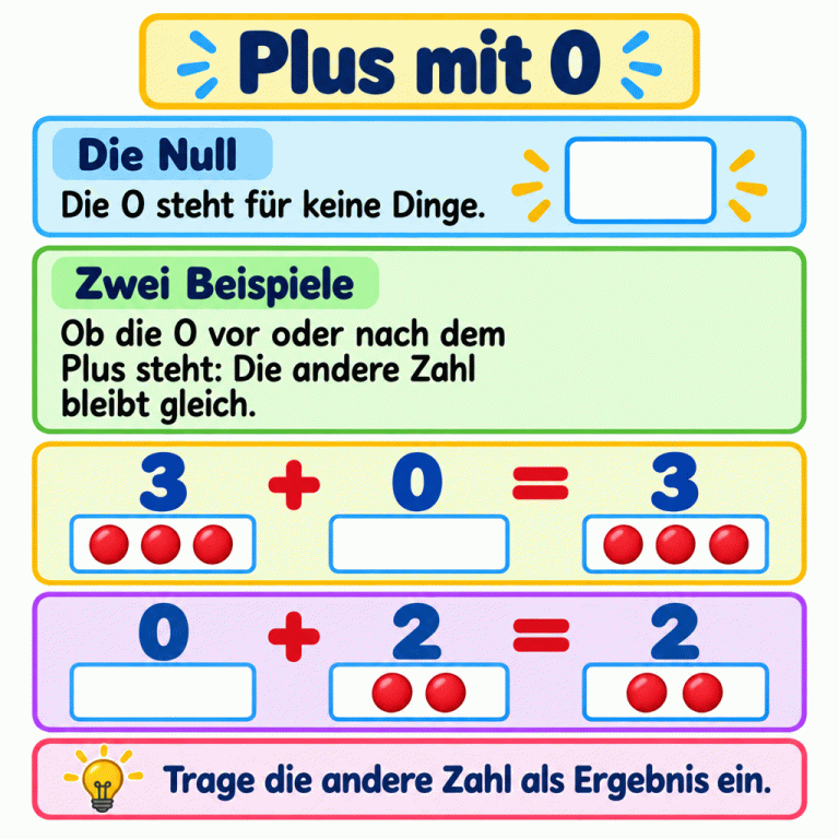 Zwei Beispiele mit Zählsteinen: Bei 3 + 0 = 3 folgen auf drei Steine ein leeres Feld und als Ergebnis wieder drei Steine. Bei 0 + 2 = 2 steht das leere Feld zuerst; auf zwei Steine folgen als Ergebnis wieder zwei. Plus mit 0 Die Null: Die 0 steht für keine Dinge. Zwei Beispiele: Ob die 0 vor oder nach dem Plus steht: Die andere Zahl bleibt gleich. Trage die andere Zahl als Ergebnis ein. 3 + 0 = 3 0 + 2 = 2