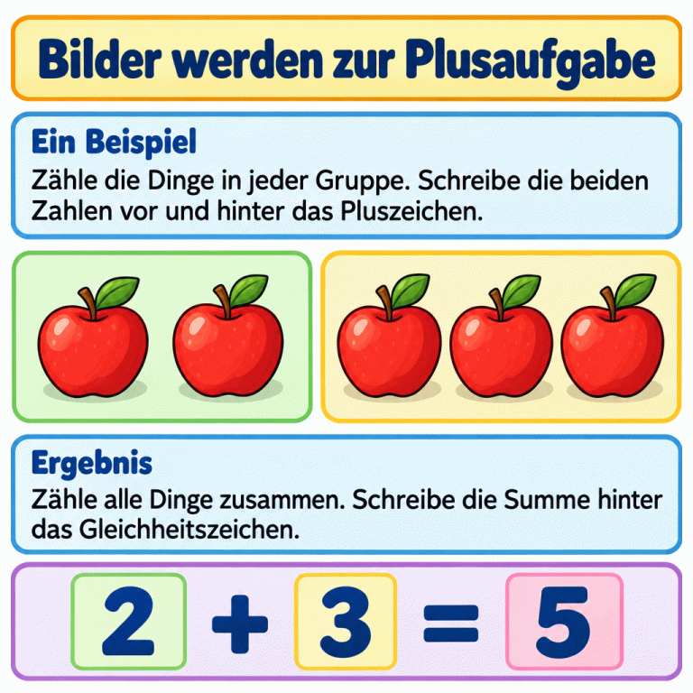 Ein Beispiel mit zwei getrennten Apfelgruppen: zwei Äpfel und drei Äpfel. Darunter steht die Plusaufgabe 2 + 3 = 5. Kurze Texte erklären, wie man erst die Gruppen und dann alle Äpfel zusammen zählt. Bilder werden zur Plusaufgabe Ein Beispiel: Zähle die Dinge in jeder Gruppe. Schreibe die beiden Zahlen vor und hinter das Pluszeichen. Ergebnis: Zähle alle Dinge zusammen. Schreibe die Summe hinter das Gleichheitszeichen. 2 + 3 = 5