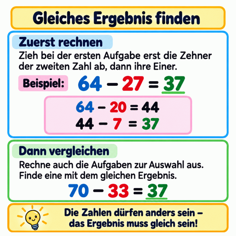 Im Beispiel ergibt 64 − 27 ebenso 37 wie 70 − 33. Für die erste Aufgabe wird zuerst 64 − 20 = 44 gerechnet, danach 44 − 7 = 37. So lassen sich die Ergebnisse verschiedener Minusaufgaben vergleichen. Gleiches Ergebnis finden Zuerst rechnen: Zieh bei der ersten Aufgabe erst die Zehner der zweiten Zahl ab, dann ihre Einer. Dann vergleichen: Rechne auch die Aufgaben zur Auswahl aus. Finde eine mit dem gleichen Ergebnis. Die Zahlen dürfen anders sein – das Ergebnis muss gleich sein! Beispiel: 64 − 27 = 37 64 − 20 = 44 44 − 7 = 37 70 − 33 = 37