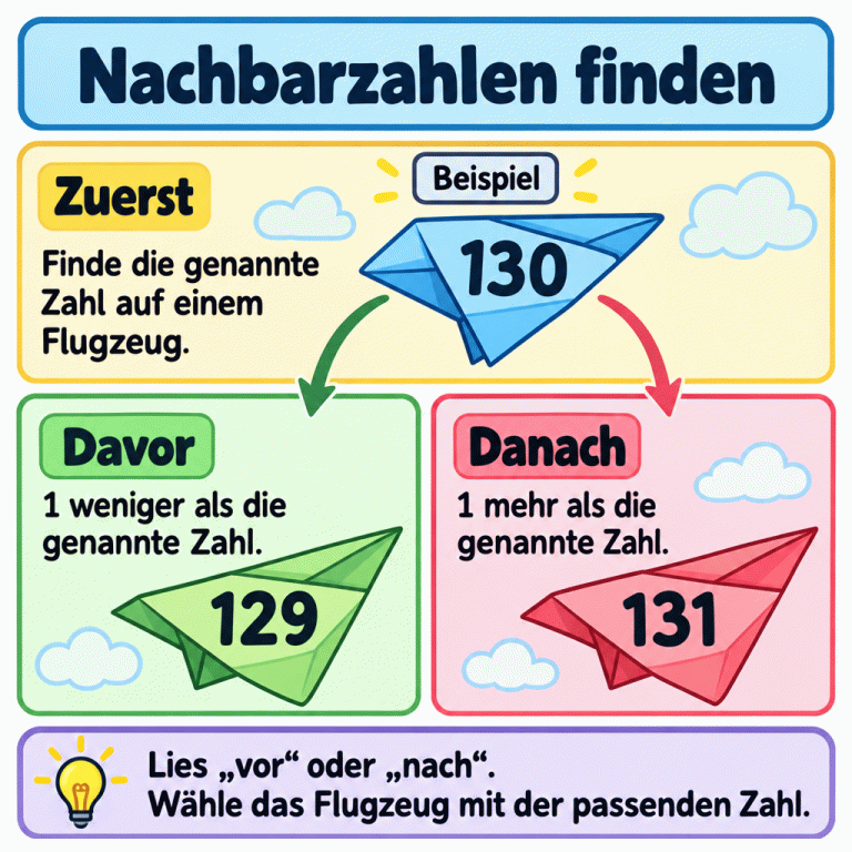 Drei Papierflugzeuge zeigen ein Beispiel für Nachbarzahlen: Zu 130 gehört davor 129, also 1 weniger, und danach 131, also 1 mehr. Je nach Frage wird das Flugzeug mit der passenden Zahl gewählt. Nachbarzahlen finden Zuerst: Finde die genannte Zahl auf einem Flugzeug. Davor: 1 weniger als die genannte Zahl. Danach: 1 mehr als die genannte Zahl. Lies „vor“ oder „nach“. Wähle das Flugzeug mit der passenden Zahl. Beispiel 130 129 131