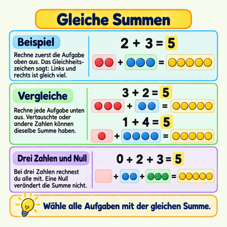 Ein gekennzeichnetes Beispiel zeigt 2 + 3 = 5 mit zwei und drei Plättchen. Darunter ergeben auch 3 + 2 und 1 + 4 jeweils fünf. Bei 0 + 2 + 3 bleibt die Gruppe zur Null leer; zusammen sind es ebenfalls fünf. Entscheidend ist bei jeder Aufgabe das Ergebnis. Gleiche Summen Beispiel: Rechne zuerst die Aufgabe oben aus. Das Gleichheitszeichen sagt: Links und rechts ist gleich viel. Vergleiche: Rechne jede Aufgabe unten aus. Vertauschte oder andere Zahlen können dieselbe Summe haben. Drei Zahlen und Null: Bei drei Zahlen rechnest du alle mit. Eine Null verändert die Summe nicht. Wähle alle Aufgaben mit der gleichen Summe. 2 + 3 = 5 3 + 2 = 5 1 + 4 = 5 0 + 2 + 3 = 5 + = + = + = + + =