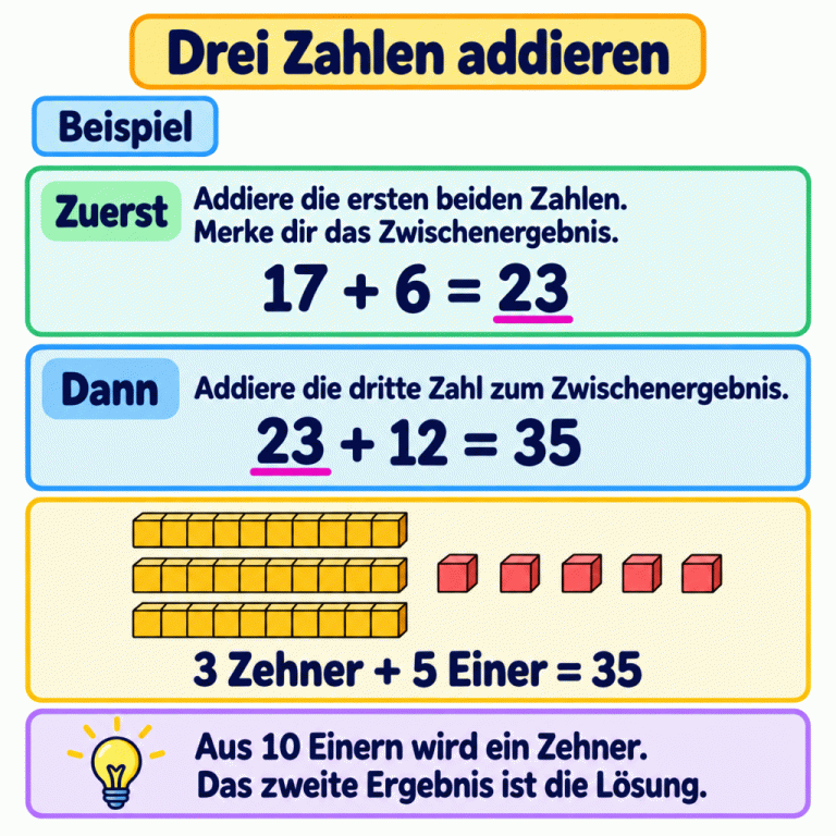 Zuerst werden die ersten beiden Zahlen addiert, dann kommt die dritte zum Zwischenergebnis hinzu. Im Beispiel: 17 plus 6 ergibt 23; 23 plus 12 ergibt 35. Drei Zehnerstäbe mit je zehn Kästchen und fünf einzelne Einer zeigen die 35. Drei Zahlen addieren Zuerst: Addiere die ersten beiden Zahlen. Merke dir das Zwischenergebnis. Dann: Addiere die dritte Zahl zum Zwischenergebnis. Aus 10 Einern wird ein Zehner. Das zweite Ergebnis ist die Lösung. Beispiel 17 + 6 = 23 23 + 12 = 35 3 Zehner + 5 Einer = 35