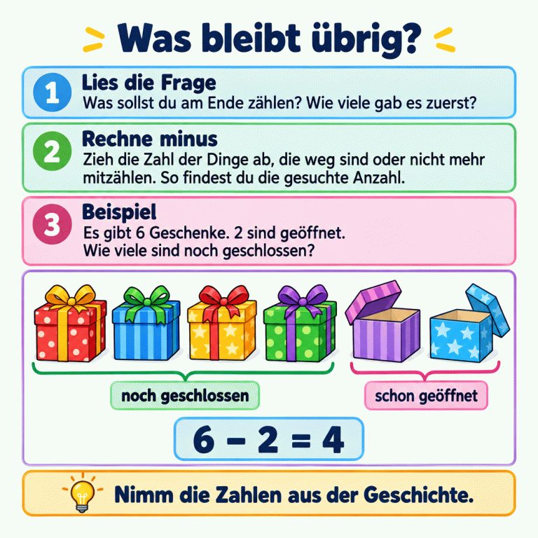 Eine Karte erklärt Minusgeschichten: Die Frage und die Anfangszahl finden, dann abziehen, was nicht mehr mitzählt. Im Beispiel sind von sechs Geschenken zwei geöffnet und vier noch geschlossen: 6 minus 2 gleich 4. Was bleibt übrig? Lies die Frage: Was sollst du am Ende zählen? Wie viele gab es zuerst? Rechne minus: Zieh die Zahl der Dinge ab, die weg sind oder nicht mehr mitzählen. So findest du die gesuchte Anzahl. Beispiel: Es gibt 6 Geschenke. 2 sind geöffnet. Wie viele sind noch geschlossen? Nimm die Zahlen aus der Geschichte. noch geschlossen schon geöffnet 6 − 2 = 4 1 2 3
