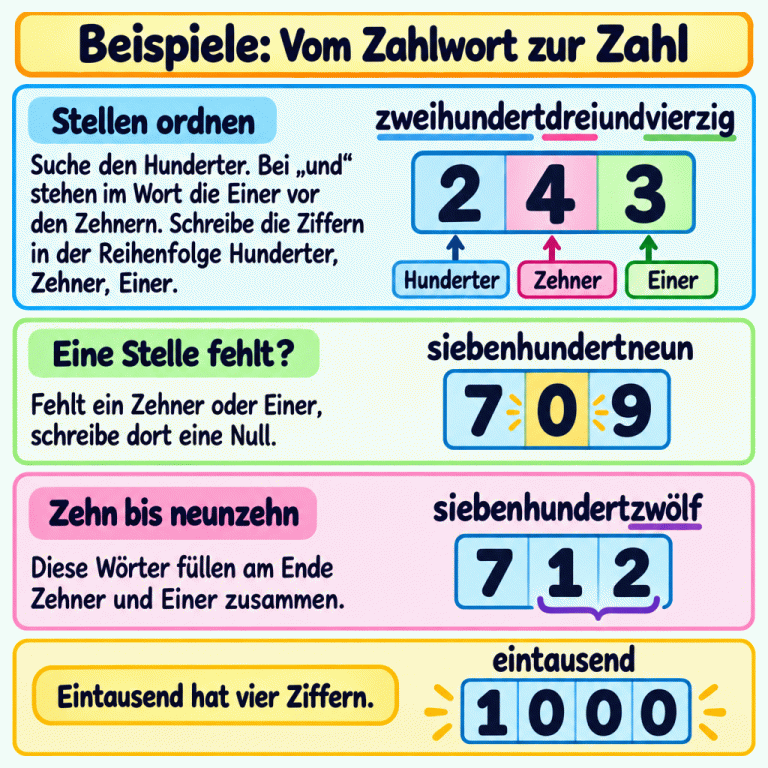 Lernkarte mit vier Beispielen: „zweihundertdreiundvierzig“ wird zu 243, beschriftet mit Hunderter, Zehner und Einer. „siebenhundertneun“ wird zu 709 mit einer Null bei den Zehnern. „siebenhundertzwölf“ wird zu 712; „zwölf“ füllt die letzten beiden Stellen. „eintausend“ wird zu 1000. Beispiele: Vom Zahlwort zur Zahl Stellen ordnen: Suche den Hunderter. Bei „und“ stehen im Wort die Einer vor den Zehnern. Schreibe die Ziffern in der Reihenfolge Hunderter, Zehner, Einer. Eine Stelle fehlt?: Fehlt ein Zehner oder Einer, schreibe dort eine Null. Zehn bis neunzehn: Diese Wörter füllen am Ende Zehner und Einer zusammen. Eintausend hat vier Ziffern. zweihundertdreiundvierzig 243 Hunderter Zehner Einer siebenhundertneun 709 siebenhundertzwölf 712 eintausend 1000