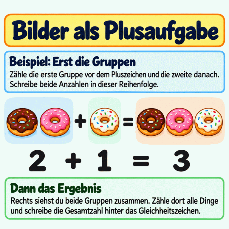 Ein Lehrbeispiel zeigt zwei Donuts plus einen Donut und rechts davon drei Donuts als gemeinsame Gruppe. Darunter steht 2 + 1 = 3. Die Texte erklären, wie man zuerst die beiden Gruppen und dann die Gesamtgruppe zählt und ihre Zahlen aufschreibt. Bilder als Plusaufgabe Beispiel: Erst die Gruppen: Zähle die erste Gruppe vor dem Pluszeichen und die zweite danach. Schreibe beide Anzahlen in dieser Reihenfolge. Dann das Ergebnis: Rechts siehst du beide Gruppen zusammen. Zähle dort alle Dinge und schreibe die Gesamtzahl hinter das Gleichheitszeichen. 2 1 3 + =
