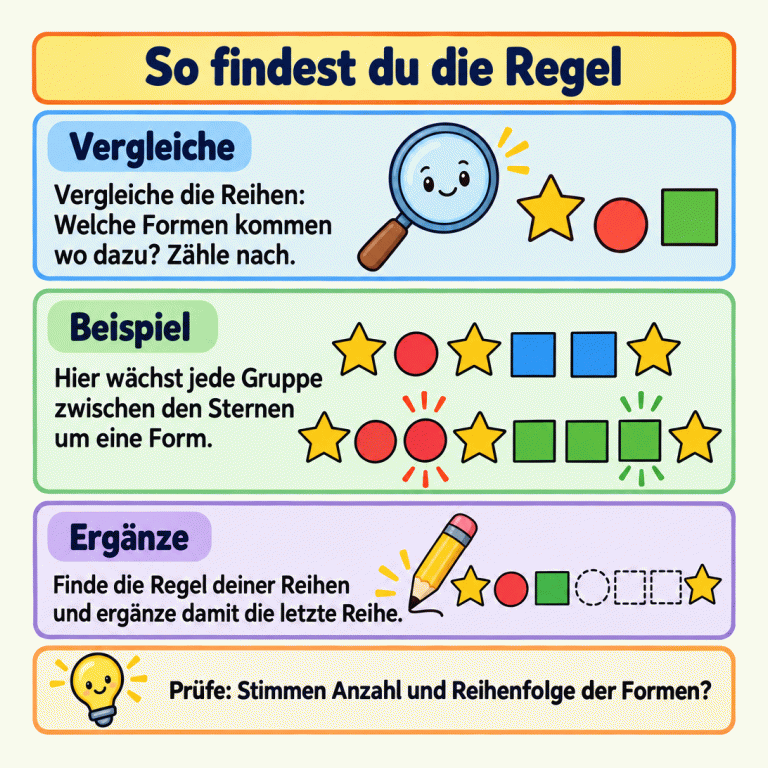 Zwei Beispielreihen: Auf Stern, Kreis, Stern, zwei Quadrate, Stern folgt Stern, zwei Kreise, Stern, drei Quadrate, Stern. Zwischen den Sternen ist jede Gruppe um eine Form gewachsen. So findest du die Regel Vergleiche: Vergleiche die Reihen: Welche Formen kommen wo dazu? Zähle nach. Beispiel: Hier wächst jede Gruppe zwischen den Sternen um eine Form. Ergänze: Finde die Regel deiner Reihen und ergänze damit die letzte Reihe. Prüfe: Stimmen Anzahl und Reihenfolge der Formen?