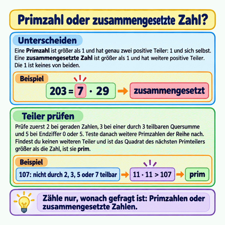 Lernkarte zum Prüfen und Zählen von Primzahlen und zusammengesetzten Zahlen. Zwei gekennzeichnete Beispiele zeigen: 203 ist wegen 203 = 7 · 29 zusammengesetzt. Bei 107 bleiben die Teilerprüfungen mit 2, 3, 5 und 7 erfolglos; 11 · 11 > 107 begründet, dass 107 prim ist. Primzahl oder zusammengesetzte Zahl? Unterscheiden: Eine Primzahl ist größer als 1 und hat genau zwei positive Teiler: 1 und sich selbst. Eine zusammengesetzte Zahl ist größer als 1 und hat weitere positive Teiler. Die 1 ist keines von beiden. Teiler prüfen: Prüfe zuerst 2 bei geraden Zahlen, 3 bei einer durch 3 teilbaren Quersumme und 5 bei Endziffer 0 oder 5. Teste danach weitere Primzahlen der Reihe nach. Findest du keinen weiteren Teiler und ist das Quadrat des nächsten Primteilers größer als die Zahl, ist sie prim. Zähle nur, wonach gefragt ist: Primzahlen oder zusammengesetzte Zahlen. Beispiel 203 = 7 · 29 zusammengesetzt 107: nicht durch 2, 3, 5 oder 7 teilbar 11 · 11 > 107 prim