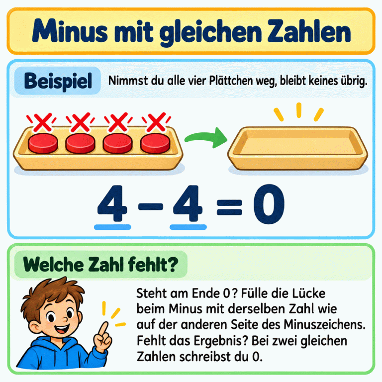Vier Plättchen sind als weggenommen markiert; die Ergebnisschale ist leer. Darunter steht das Beispiel 4 − 4 = 0. Der Text erklärt, wie man mit der Regel die fehlende Zahl oder das Ergebnis ergänzt. Minus mit gleichen Zahlen Beispiel: Nimmst du alle vier Plättchen weg, bleibt keines übrig. Welche Zahl fehlt?: Steht am Ende 0? Fülle die Lücke beim Minus mit derselben Zahl wie auf der anderen Seite des Minuszeichens. Fehlt das Ergebnis? Bei zwei gleichen Zahlen schreibst du 0. 4 − 4 = 0