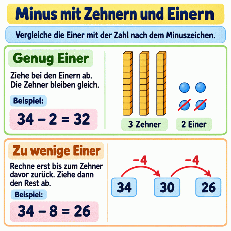 Zwei Minusbeispiele: Bei 34 − 2 werden zwei von vier Einern weggenommen; drei Zehner bleiben erhalten. Bei 34 − 8 führt der Rechenweg in zwei Schritten von je vier über 30 zum Ergebnis 26. Minus mit Zehnern und Einern Genug Einer: Ziehe bei den Einern ab. Die Zehner bleiben gleich. Zu wenige Einer: Rechne erst bis zum Zehner davor zurück. Ziehe dann den Rest ab. Vergleiche die Einer mit der Zahl nach dem Minuszeichen. Beispiel: 34 − 2 = 32 34 − 8 = 26 34 30 26 −4 3 Zehner 2 Einer
