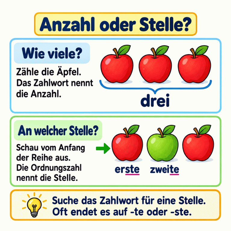 Oben zeigen drei Äpfel mit dem Wort „drei“ eine Anzahl. Unten stehen Äpfel in einer Reihe: „erste“ gehört zum ersten, „zweite“ zum nächsten Apfel. Der Anfang der Reihe ist erkennbar. Anzahl oder Stelle? Wie viele?: Zähle die Äpfel. Das Zahlwort nennt die Anzahl. An welcher Stelle?: Schau vom Anfang der Reihe aus. Die Ordnungszahl nennt die Stelle. Suche das Zahlwort für eine Stelle. Oft endet es auf -te oder -ste. drei erste zweite