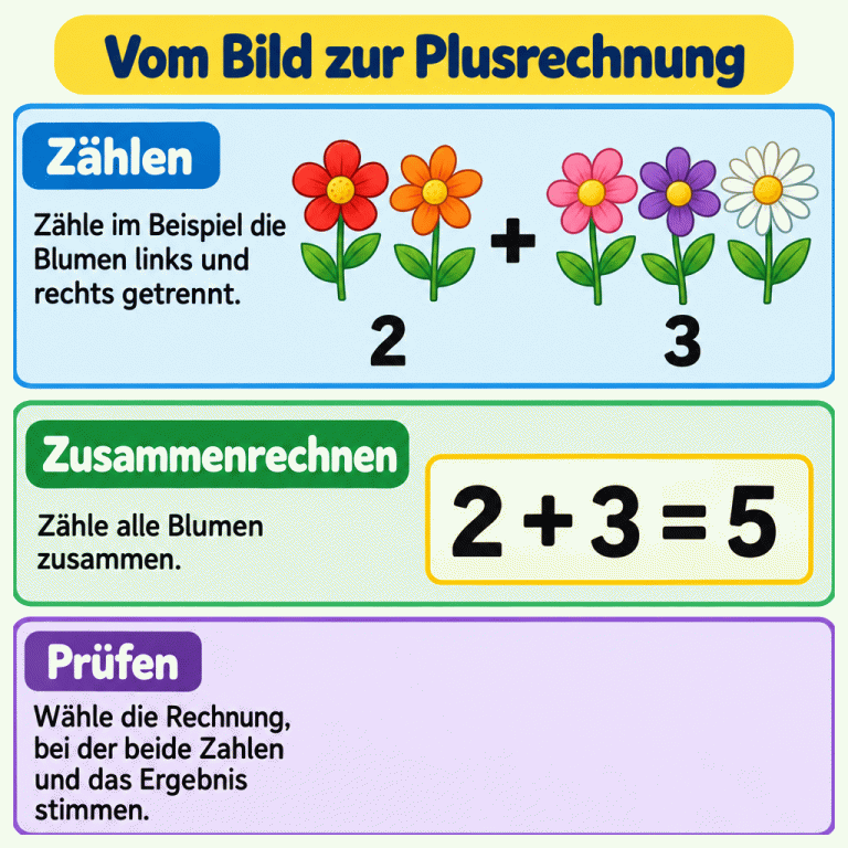 Beispiel mit zwei Blumen links und drei Blumen rechts, getrennt durch ein Pluszeichen. Unter den Gruppen stehen 2 und 3; darunter steht 2 + 3 = 5. Die Anleitung erklärt: Gruppen einzeln zählen, alle zusammenzählen und beide Zahlen sowie das Ergebnis mit den angebotenen Rechnungen vergleichen. Vom Bild zur Plusrechnung Zählen: Zähle im Beispiel die Blumen links und rechts getrennt. Zusammenrechnen: Zähle alle Blumen zusammen. Prüfen: Wähle die Rechnung, bei der beide Zahlen und das Ergebnis stimmen. + 2 3 2 + 3 = 5