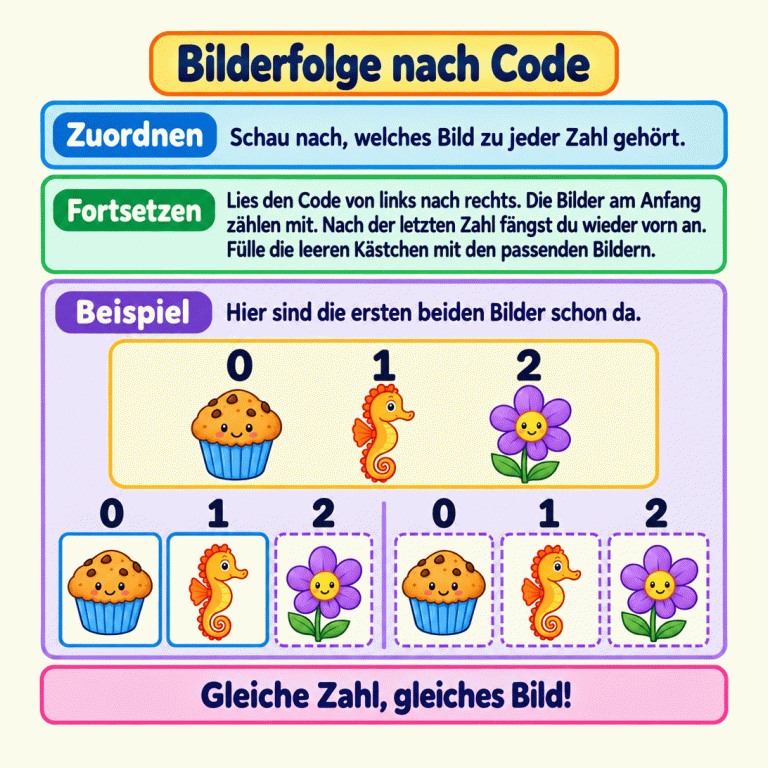 Ein Beispielschlüssel ordnet Muffin, Seepferdchen und Blume den Zahlen 0, 1 und 2 zu. Darunter steht der Code 012 zweimal hintereinander. Jede Zahl steht direkt über dem passenden Bild; die ersten beiden Bilder sind als bereits vorhandener Anfang markiert. Bilderfolge nach Code Zuordnen: Schau nach, welches Bild zu jeder Zahl gehört. Fortsetzen: Lies den Code von links nach rechts. Die Bilder am Anfang zählen mit. Nach der letzten Zahl fängst du wieder vorn an. Fülle die leeren Kästchen mit den passenden Bildern. Beispiel: Hier sind die ersten beiden Bilder schon da. Gleiche Zahl, gleiches Bild! 1 2