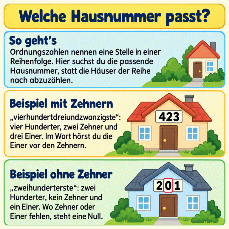 Lernkarte mit zwei nummerierten Beispielhäusern: „vierhundertdreiundzwanzigste“ passt zu 423, „zweihunderterste“ zu 201. Die Karte erklärt, wie Hunderter, Zehner und Einer zur Hausnummer werden. Die Häuser werden dafür nicht der Reihe nach abgezählt. Welche Hausnummer passt? So geht’s: Ordnungszahlen nennen eine Stelle in einer Reihenfolge. Hier suchst du die passende Hausnummer, statt die Häuser der Reihe nach abzuzählen. Beispiel mit Zehnern: „vierhundertdreiundzwanzigste“: vier Hunderter, zwei Zehner und drei Einer. Im Wort hörst du die Einer vor den Zehnern. Beispiel ohne Zehner: „zweihunderterste“: zwei Hunderter, kein Zehner und ein Einer. Wo Zehner oder Einer fehlen, steht eine Null. 423 201