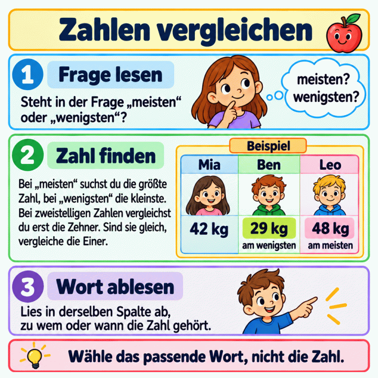 Lernkarte zum Vergleichen von Zahlen: Bei „meisten“ wird die größte, bei „wenigsten“ die kleinste Zahl gesucht. Bei zweistelligen Zahlen zählen zuerst die Zehner und bei gleichen Zehnern die Einer. Eine Beispieltabelle ordnet Mia 42 kg, Ben 29 kg und Leo 48 kg zu. Ben gehört zum kleinsten und Leo zum größten Wert. Der passende Name wird in derselben Spalte abgelesen. Zahlen vergleichen Frage lesen: Steht in der Frage „meisten“ oder „wenigsten“? Zahl finden: Bei „meisten“ suchst du die größte Zahl, bei „wenigsten“ die kleinste. Bei zweistelligen Zahlen vergleichst du erst die Zehner. Sind sie gleich, vergleiche die Einer. Wort ablesen: Lies in derselben Spalte ab, zu wem oder wann die Zahl gehört. Wähle das passende Wort, nicht die Zahl. Beispiel Mia Ben Leo 42 kg 29 kg 48 kg am wenigsten am meisten 1 meisten? wenigsten? 2 3