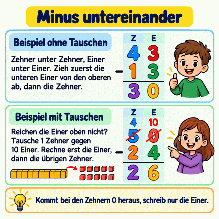 Zwei Beispiele für schriftliches Subtrahieren mit Zehnern und Einern untereinander: 43 minus 13 ergibt ohne Tauschen 30. Bei 50 minus 24 wird ein Zehner gegen zehn Einer getauscht; 4 Zehner und 10 Einer ermöglichen das Ergebnis 26. Zuerst werden die Einer berechnet. Minus untereinander Beispiel ohne Tauschen: Zehner unter Zehner, Einer unter Einer. Zieh zuerst die unteren Einer von den oberen ab, dann die Zehner. Beispiel mit Tauschen: Reichen die Einer oben nicht? Tausche 1 Zehner gegen 10 Einer. Rechne erst die Einer, dann die übrigen Zehner. Kommt bei den Zehnern 0 heraus, schreib nur die Einer. Z E 43 13 30 50 24 26 4 10 −