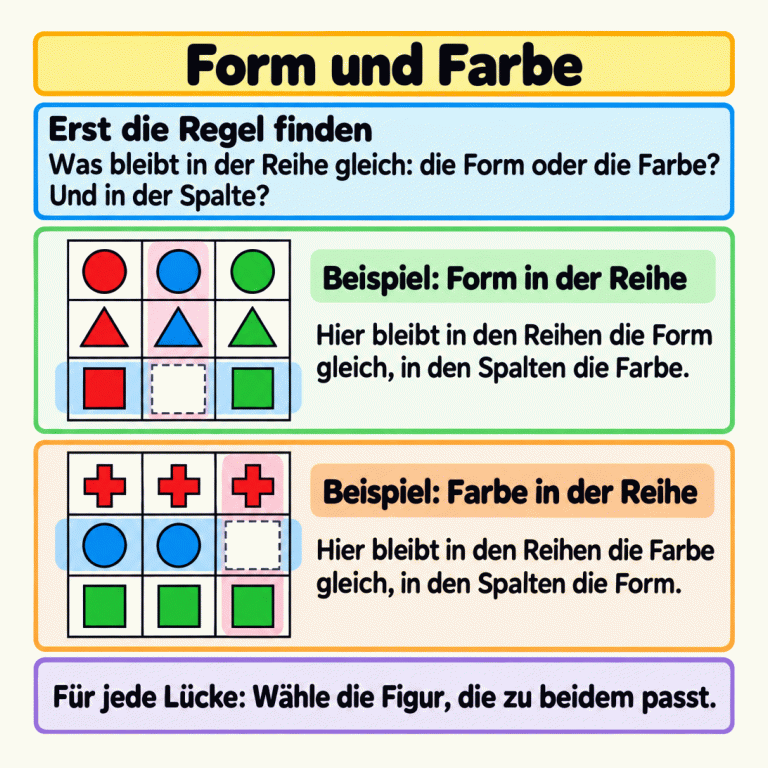 Zwei Beispiele mit bunten Figurenrastern und je einer Lücke: Im ersten bleibt in den Reihen die Form und in den Spalten die Farbe gleich. Im zweiten ist es umgekehrt. Zur Lücke muss eine Figur passen, die beide Merkmale verbindet. Form und Farbe Erst die Regel finden: Was bleibt in der Reihe gleich: die Form oder die Farbe? Und in der Spalte? Beispiel: Form in der Reihe: Hier bleibt in den Reihen die Form gleich, in den Spalten die Farbe. Beispiel: Farbe in der Reihe: Hier bleibt in den Reihen die Farbe gleich, in den Spalten die Form. Für jede Lücke: Wähle die Figur, die zu beidem passt.
