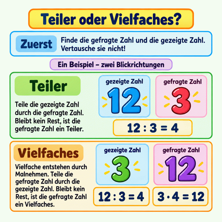 Lernkarte zu Teiler und Vielfache mit einem Zahlenpaar in zwei Fragerichtungen. Ist 12 gezeigt und 3 gefragt, zeigt 12 : 3 = 4 die Teiler-Probe. Ist 3 gezeigt und 12 gefragt, zeigen 12 : 3 = 4 und 3 · 4 = 12 das Vielfache. Teiler oder Vielfaches? Zuerst: Finde die gefragte Zahl und die gezeigte Zahl. Vertausche sie nicht! Teiler: Teile die gezeigte Zahl durch die gefragte Zahl. Bleibt kein Rest, ist die gefragte Zahl ein Teiler. Vielfaches: Vielfache entstehen durch Malnehmen. Teile die gefragte Zahl durch die gezeigte Zahl. Bleibt kein Rest, ist die gefragte Zahl ein Vielfaches. Ein Beispiel – zwei Blickrichtungen gezeigte Zahl gefragte Zahl 12 3 12 : 3 = 4 3 · 4 = 12