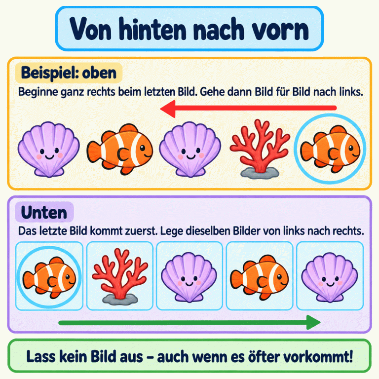Eine Beispielreihe wird umgekehrt. Oben stehen Muschel, Fisch, Muschel, Koralle, Fisch. Unten stehen Fisch, Koralle, Muschel, Fisch, Muschel. Das letzte Bild oben steht unten zuerst; kein Bild fehlt. Von hinten nach vorn Beispiel: oben: Beginne ganz rechts beim letzten Bild. Gehe dann Bild für Bild nach links. Unten: Das letzte Bild kommt zuerst. Lege dieselben Bilder von links nach rechts. Lass kein Bild aus – auch wenn es öfter vorkommt!