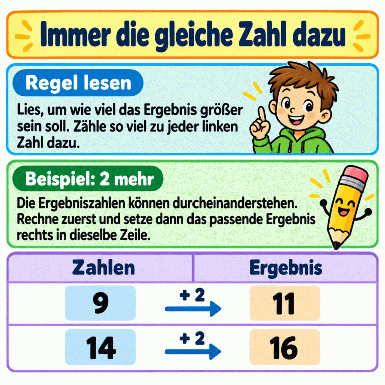 Beispieltabelle mit zweimal derselben Plusregel: Links stehen 9 und 14. Rechts stehen in denselben Zeilen 11 und 16. Bei jeder Zeile zeigt ein Pfeil „+ 2“. Immer die gleiche Zahl dazu Regel lesen: Lies, um wie viel das Ergebnis größer sein soll. Zähle so viel zu jeder linken Zahl dazu. Beispiel: 2 mehr: Die Ergebniszahlen können durcheinanderstehen. Rechne zuerst und setze dann das passende Ergebnis rechts in dieselbe Zeile. Zahlen Ergebnis 9 11 14 16 + 2