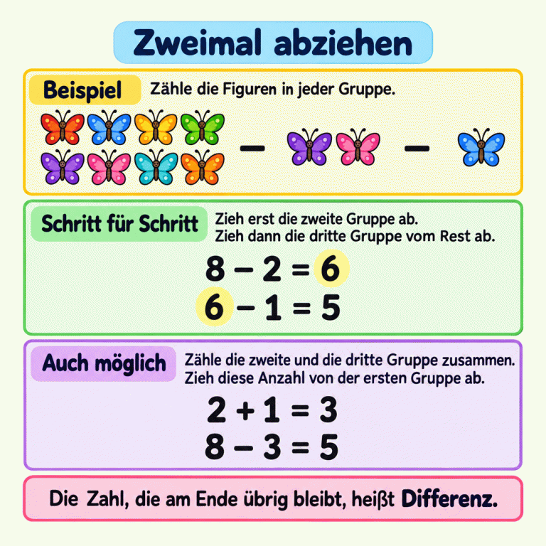 Ein Beispiel zeigt acht Schmetterlinge, von denen erst zwei und dann einer abgezogen werden. 8 − 2 = 6, danach 6 − 1 = 5. Auch 2 + 1 = 3 und 8 − 3 = 5 führen zum selben Ergebnis. Zweimal abziehen Beispiel: Zähle die Figuren in jeder Gruppe. Schritt für Schritt: Zieh erst die zweite Gruppe ab. Zieh dann die dritte Gruppe vom Rest ab. Auch möglich: Zähle die zweite und die dritte Gruppe zusammen. Zieh diese Anzahl von der ersten Gruppe ab. Die Zahl, die am Ende übrig bleibt, heißt Differenz. − 8 − 2 = 6 6 − 1 = 5 2 + 1 = 3 8 − 3 = 5