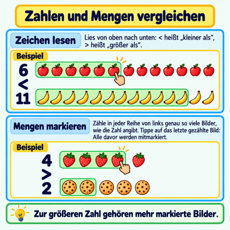 Zwei Beispiele mit Bildreihen: Bei 6 < 11 sind oben sechs und unten elf Bilder von links markiert. Bei 4 > 2 sind es oben vier und unten zwei. Ein Tipp auf das letzte gezählte Bild markiert auch die Bilder davor. Zahlen und Mengen vergleichen Zeichen lesen: Lies von oben nach unten: < heißt „kleiner als“, > heißt „größer als“. Mengen markieren: Zähle in jeder Reihe von links genau so viele Bilder, wie die Zahl angibt. Tippe auf das letzte gezählte Bild: Alle davor werden mitmarkiert. Zur größeren Zahl gehören mehr markierte Bilder. Beispiel 6 < 11 4 > 2