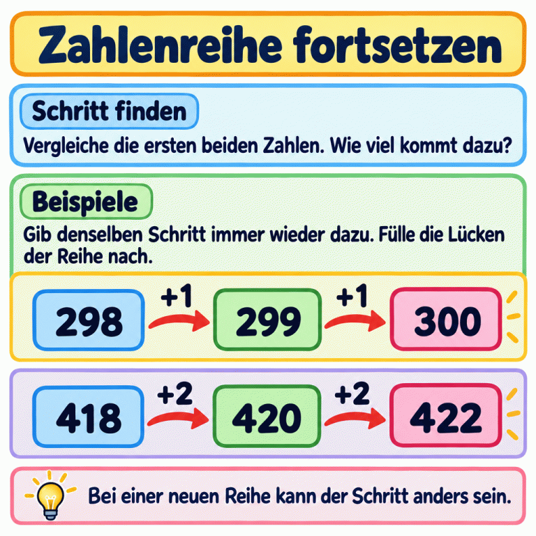 Zwei Beispiele zeigen gleichmäßige Zählschritte: Von 298 über 299 zu 300 kommt jedes Mal 1 dazu. Von 418 über 420 zu 422 kommt jedes Mal 2 dazu. Jeweils die dritte Zahl zeigt eine ausgefüllte Lücke. Zahlenreihe fortsetzen Schritt finden: Vergleiche die ersten beiden Zahlen. Wie viel kommt dazu? Beispiele: Gib denselben Schritt immer wieder dazu. Fülle die Lücken der Reihe nach. Bei einer neuen Reihe kann der Schritt anders sein. 298 299 300 418 420 422 +1 +2