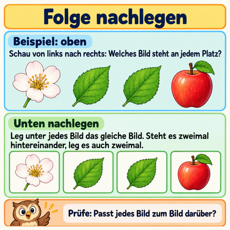 In einem Beispiel stehen oben eine Blüte, ein Blatt, dasselbe Blatt und ein Apfel. Unten steht an jedem Platz dasselbe Motiv wie direkt darüber. Folge nachlegen Beispiel: oben: Schau von links nach rechts: Welches Bild steht an jedem Platz? Unten nachlegen: Leg unter jedes Bild das gleiche Bild. Steht es zweimal hintereinander, leg es auch zweimal. Prüfe: Passt jedes Bild zum Bild darüber?