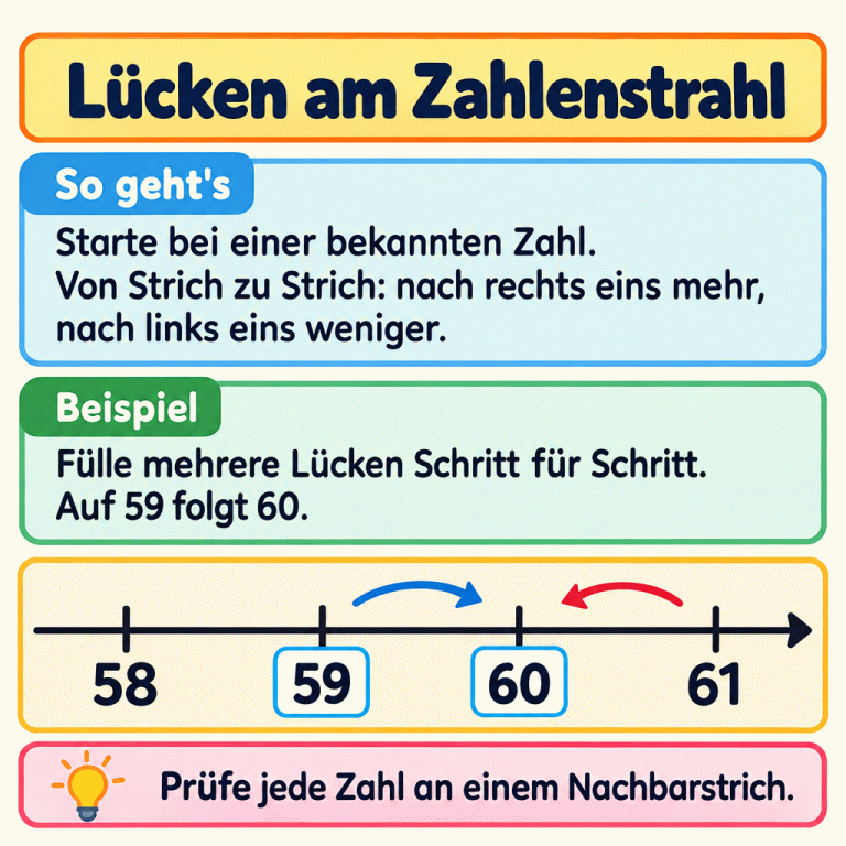 Beispiel am Zahlenstrahl: Auf vier benachbarten Strichen stehen 58, 59, 60 und 61. Die beiden mittleren Zahlen füllen Lücken. Nach rechts wird es an jedem Strich eins mehr, nach links eins weniger. Lücken am Zahlenstrahl So geht's: Starte bei einer bekannten Zahl. Von Strich zu Strich: nach rechts eins mehr, nach links eins weniger. Beispiel: Fülle mehrere Lücken Schritt für Schritt. Auf 59 folgt 60. Prüfe jede Zahl an einem Nachbarstrich. 58 59 60 61