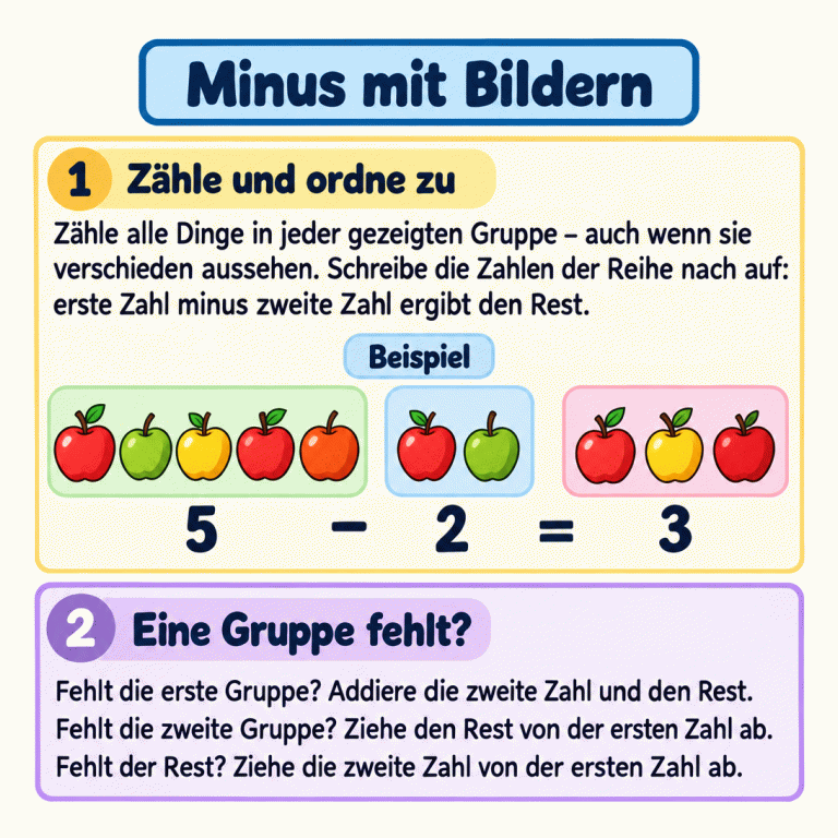 Ein Beispiel zeigt fünf Äpfel in der ersten Gruppe, zwei in der zweiten und drei als Rest. Darunter steht 5 − 2 = 3. Die Erklärung zeigt außerdem, wie man die fehlende Zahl berechnet, wenn eine der drei Gruppen nicht abgebildet ist. Minus mit Bildern Zähle und ordne zu: Zähle alle Dinge in jeder gezeigten Gruppe – auch wenn sie verschieden aussehen. Schreibe die Zahlen der Reihe nach auf: erste Zahl minus zweite Zahl ergibt den Rest. Eine Gruppe fehlt?: Fehlt die erste Gruppe? Addiere die zweite Zahl und den Rest. Fehlt die zweite Gruppe? Ziehe den Rest von der ersten Zahl ab. Fehlt der Rest? Ziehe die zweite Zahl von der ersten Zahl ab. Beispiel 5 − 2 = 3 1 2