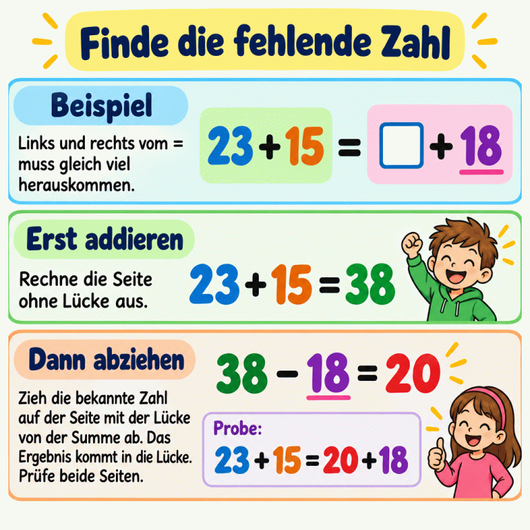 Ein Rechenbeispiel zeigt: 23 plus 15 ist gleich Kästchen plus 18. Zuerst ergibt 23 plus 15 die Summe 38. Dann ergibt 38 minus 18 die fehlende Zahl 20. Die Probe stimmt: 23 plus 15 und 20 plus 18 ergeben beide 38. Finde die fehlende Zahl Beispiel: Links und rechts vom = muss gleich viel herauskommen. Erst addieren: Rechne die Seite ohne Lücke aus. Dann abziehen: Zieh die bekannte Zahl auf der Seite mit der Lücke von der Summe ab. Das Ergebnis kommt in die Lücke. Prüfe beide Seiten. 23 + 15 = □ + 18 23 + 15 = 38 38 − 18 = 20 23 + 15 = 20 + 18 Probe: