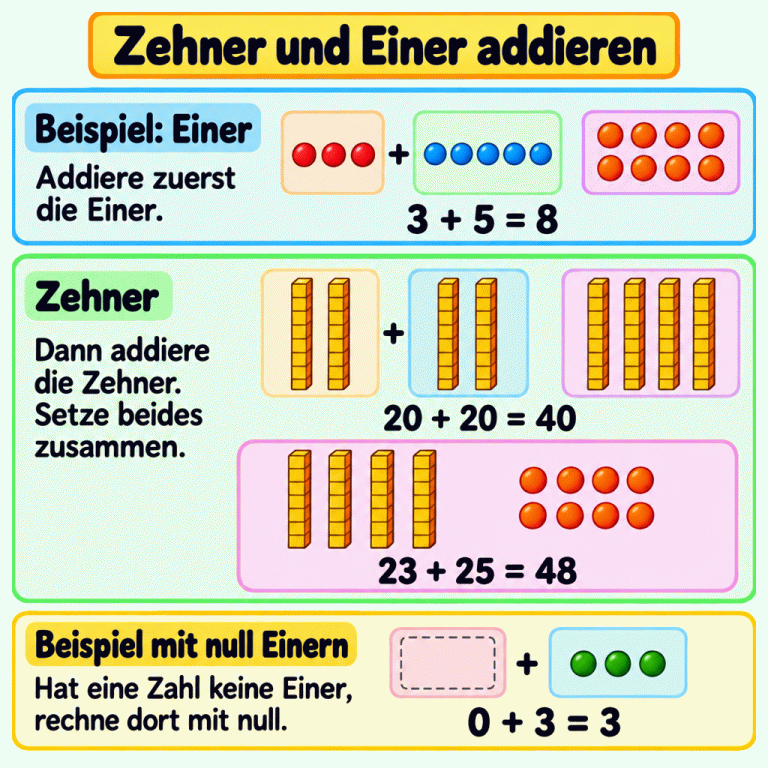 Lernkarte zum Addieren von Zehnern und Einern: Drei und fünf Einerpunkte ergeben acht Einer; zwei und zwei Zehnerstangen ergeben vier Zehner. Das Beispiel lautet 23 + 25 = 48. Ein leeres Einerfeld neben drei Punkten veranschaulicht 0 + 3 = 3. Zehner und Einer addieren Beispiel: Einer: Addiere zuerst die Einer. Zehner: Dann addiere die Zehner. Setze beides zusammen. Beispiel mit null Einern: Hat eine Zahl keine Einer, rechne dort mit null. 3 + 5 = 8 20 + 20 = 40 23 + 25 = 48 0 + 3 = 3 + + +