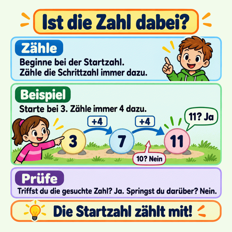 Im Beispiel beginnt ein Zahlenweg bei 3. Zweimal werden 4 dazugezählt: 3, 7, 11. Die 11 wird getroffen; die 10 wird beim Schritt von 7 zu 11 übersprungen. Ist die Zahl dabei? Zähle: Beginne bei der Startzahl. Zähle die Schrittzahl immer dazu. Beispiel: Starte bei 3. Zähle immer 4 dazu. Prüfe: Triffst du die gesuchte Zahl? Ja. Springst du darüber? Nein. Die Startzahl zählt mit! 3 7 11 +4 11? Ja 10? Nein