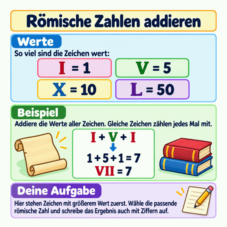 Vier Wertkärtchen zeigen I = 1, V = 5, X = 10 und L = 50. Ein Beispiel rechnet I + V + I als 1 + 5 + 1 = 7 und zeigt das Ergebnis VII = 7. Römische Zahlen addieren Werte: So viel sind die Zeichen wert: Beispiel: Addiere die Werte aller Zeichen. Gleiche Zeichen zählen jedes Mal mit. Deine Aufgabe: Hier stehen Zeichen mit größerem Wert zuerst. Wähle die passende römische Zahl und schreibe das Ergebnis auch mit Ziffern auf. I = 1 V = 5 X = 10 L = 50 I + V + I 1 + 5 + 1 = 7 VII = 7