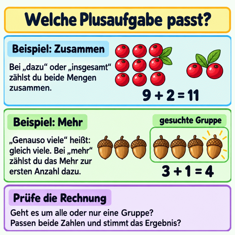 Zwei Beispiele: Neun Beeren und zwei weitere ergeben elf. Eine erste Gruppe hat drei Eicheln; die gesuchte Gruppe hat genauso viele und eine Eichel mehr, also vier. Entscheidend ist, ob nach allen oder nur nach einer Gruppe gefragt wird. Welche Plusaufgabe passt? Beispiel: Zusammen: Bei „dazu“ oder „insgesamt“ zählst du beide Mengen zusammen. Beispiel: Mehr: „Genauso viele“ heißt: gleich viele. Bei „mehr“ zählst du das Mehr zur ersten Anzahl dazu. Prüfe die Rechnung: Geht es um alle oder nur eine Gruppe? Passen beide Zahlen und stimmt das Ergebnis? 9 + 2 = 11 gesuchte Gruppe 3 + 1 = 4