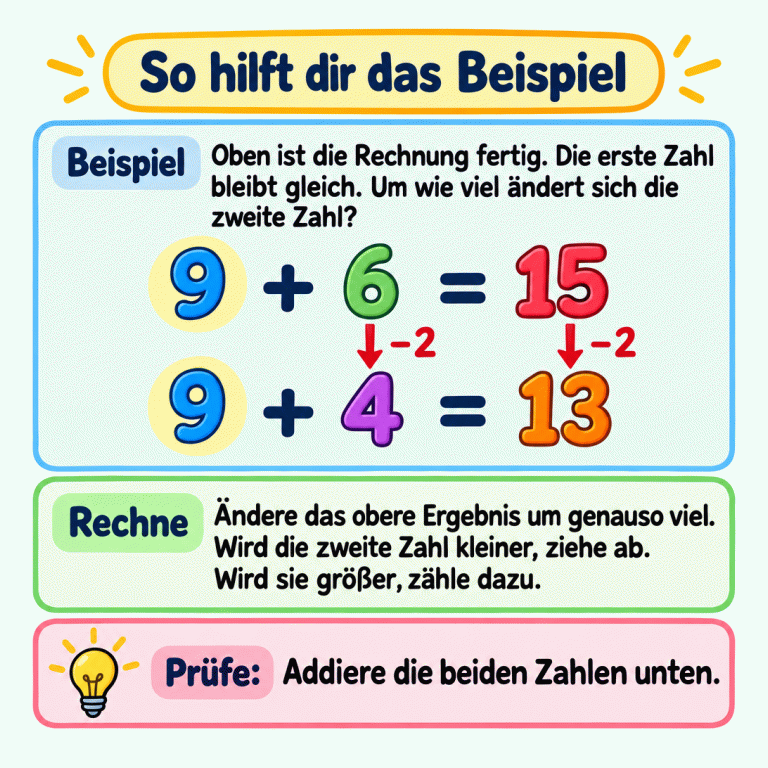 Lehrbeispiel mit zwei Plusrechnungen: 9 + 6 = 15 und darunter 9 + 4 = 13. Die erste Zahl bleibt gleich. Hinweise zeigen, dass die zweite Zahl und das Ergebnis jeweils um 2 kleiner werden. Der Text erklärt das Vergleichen und Nachprüfen durch Addition. So hilft dir das Beispiel Beispiel: Oben ist die Rechnung fertig. Die erste Zahl bleibt gleich. Um wie viel ändert sich die zweite Zahl? Rechne: Ändere das obere Ergebnis um genauso viel. Wird die zweite Zahl kleiner, ziehe ab. Wird sie größer, zähle dazu. Prüfe: Addiere die beiden Zahlen unten. 9 + 6 = 15 4 13 −2