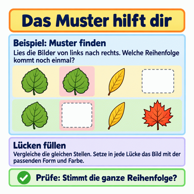 Beispiel einer wiederkehrenden Blattfolge: Oben stehen zwei gleiche rundliche Blätter, ein schmales Blatt und eine Lücke. Unten stehen ein rundliches Blatt, eine Lücke, ein schmales Blatt und ein gezacktes Blatt. Die Bilder an entsprechenden Stellen helfen, beide Lücken zu füllen. Das Muster hilft dir Beispiel: Muster finden: Lies die Bilder von links nach rechts. Welche Reihenfolge kommt noch einmal? Lücken füllen: Vergleiche die gleichen Stellen. Setze in jede Lücke das Bild mit der passenden Form und Farbe. Prüfe: Stimmt die ganze Reihenfolge? ✓