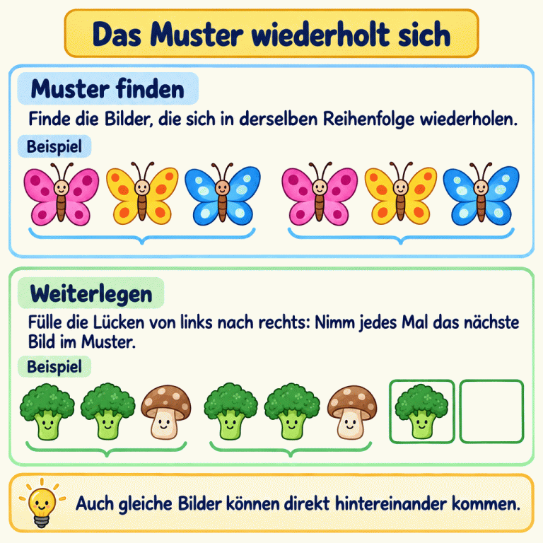 Zwei Beispiele für Bildfolgen: Drei verschiedene Schmetterlinge erscheinen zweimal in derselben Reihenfolge. Darunter wiederholen sich zwei Brokkolis und ein Pilz; danach beginnt das Muster erneut mit einem Brokkoli, gefolgt von einem leeren Feld. Die Lücken werden der Reihe nach gefüllt. Das Muster wiederholt sich Muster finden: Finde die Bilder, die sich in derselben Reihenfolge wiederholen. Weiterlegen: Fülle die Lücken von links nach rechts: Nimm jedes Mal das nächste Bild im Muster. Auch gleiche Bilder können direkt hintereinander kommen. Beispiel