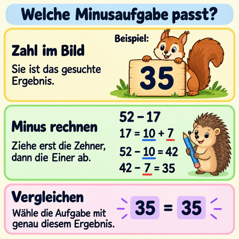 Eine Beispielzahl im Bild wird mit einer Minusaufgabe verglichen. Im Beispiel steht 35 im Bild. 52 − 17 wird in Schritten gerechnet: 17 = 10 + 7, 52 − 10 = 42 und 42 − 7 = 35. Der Vergleich 35 = 35 zeigt, warum die Aufgabe passt. Welche Minusaufgabe passt? Zahl im Bild: Sie ist das gesuchte Ergebnis. Minus rechnen: Ziehe erst die Zehner, dann die Einer ab. Vergleichen: Wähle die Aufgabe mit genau diesem Ergebnis. Beispiel: 35 52 − 17 17 = 10 + 7 52 − 10 = 42 42 − 7 = 35 35 = 35