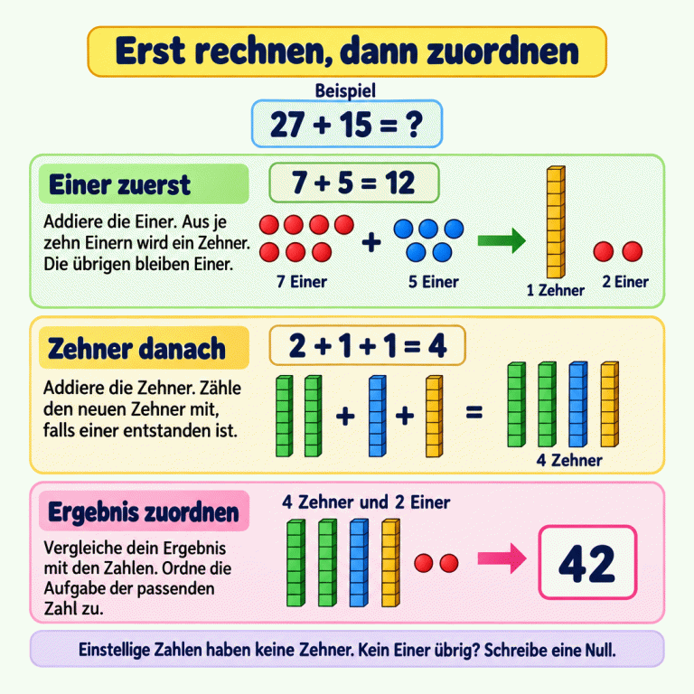 Ein Lehrbeispiel zeigt 27 + 15. Sieben und fünf Einer ergeben zwölf Einer: Zehn werden zu einem Zehner, zwei bleiben übrig. Zwei Zehner, ein Zehner und der neue Zehner ergeben vier Zehner. Die einzelne Ergebniskarte zeigt dazu 42. Erst rechnen, dann zuordnen Einer zuerst: Addiere die Einer. Aus je zehn Einern wird ein Zehner. Die übrigen bleiben Einer. Zehner danach: Addiere die Zehner. Zähle den neuen Zehner mit, falls einer entstanden ist. Ergebnis zuordnen: Vergleiche dein Ergebnis mit den Zahlen. Ordne die Aufgabe der passenden Zahl zu. Einstellige Zahlen haben keine Zehner. Kein Einer übrig? Schreibe eine Null. Beispiel 27 + 15 = ? 7 + 5 = 12 2 + 1 + 1 = 4 42 7 Einer + 5 Einer 1 Zehner 2 Einer + + = 4 Zehner 4 Zehner und 2 Einer