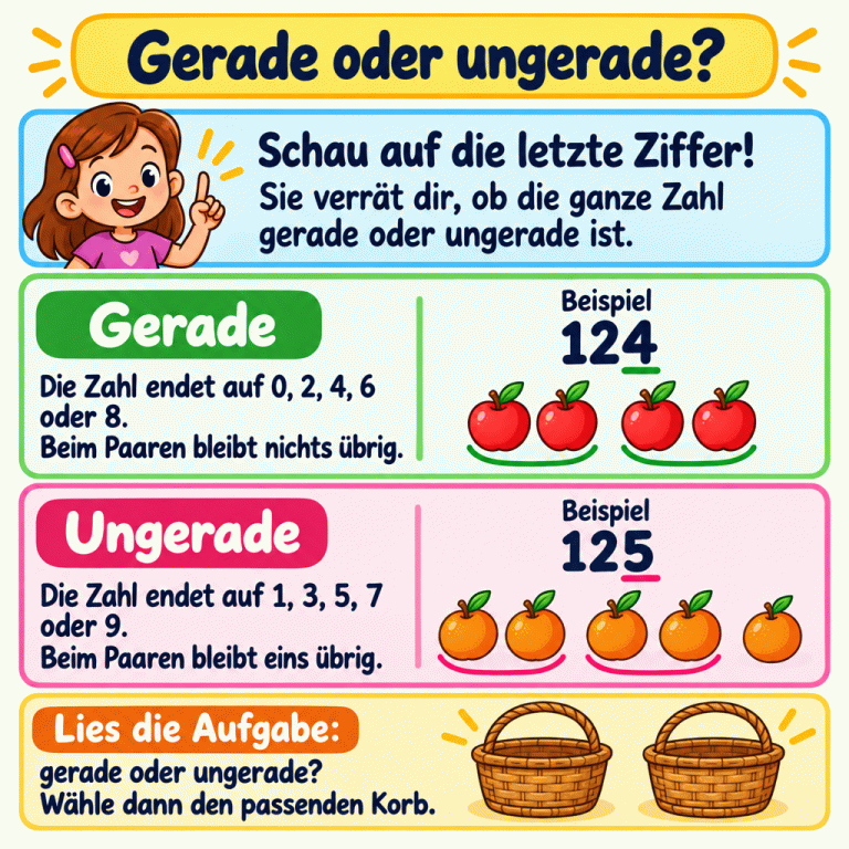 Eine Lernkarte erklärt die letzte Ziffer. Die Beispielzahl 124 steht bei „Gerade“: Vier Plättchen bilden zwei Paare. Die Beispielzahl 125 steht bei „Ungerade“: Neben zwei Paaren bleibt ein Plättchen allein. Die Texte nennen alle passenden Endziffern und erinnern daran, den gesuchten Korb zu wählen. Gerade oder ungerade? Schau auf die letzte Ziffer!: Sie verrät dir, ob die ganze Zahl gerade oder ungerade ist. Gerade: Die Zahl endet auf 0, 2, 4, 6 oder 8. Beim Paaren bleibt nichts übrig. Ungerade: Die Zahl endet auf 1, 3, 5, 7 oder 9. Beim Paaren bleibt eins übrig. Lies die Aufgabe: gerade oder ungerade? Wähle dann den passenden Korb. Beispiel 124 125